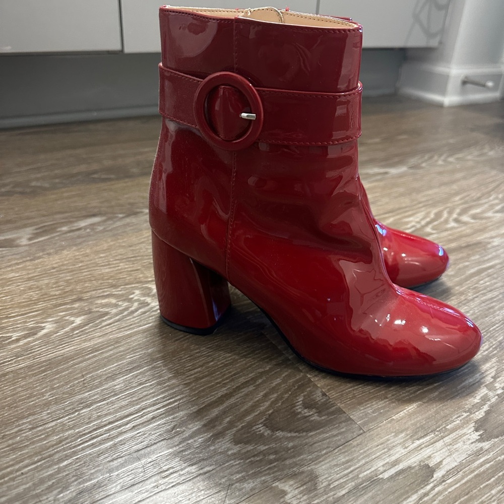 Nine West Red Patent Ankle Boots with Buckle Accent - Picture 2 of 5